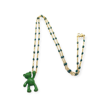 necklace goldchain with green beads and green bear1